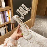 Sandals Fashion Luxury Square Toe Club Rhinestone Snake Wrap High Heel Birthday Wedding Party Shoes
