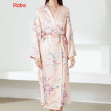 Print Flower Nighty&Robe Suit Sleepwear Sexy Satin Kimono Gown