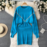 Women Elegant Slim Two Piece Sets Female Sweater Dress Autumn Winter High Waist Knitted Ensemble Femme Medium Long Party Dresses