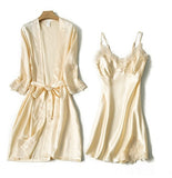 Satin Lace Pajamas Set Women Strap Top Pants Sleepwear Sleep Suit Spring