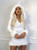 HEYounGIRL Furry White Long Sleeve Hooded V Neck Bodycon Mini Dress