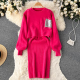 Women Elegant Slim Two Piece Sets Female Sweater Dress Autumn Winter High Waist Knitted Ensemble Femme Medium Long Party Dresses