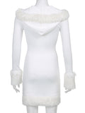HEYounGIRL Furry White Long Sleeve Hooded V Neck Bodycon Mini Dress