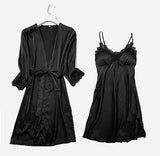 Satin Lace Pajamas Set Women Strap Top Pants Sleepwear Sleep Suit Spring