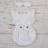 Organic Cotton Baby Girl Clothes Summer New Double Gauze Kids Ruffle Romper Jumpsuit Headband Dusty Pink Playsuit For Newborn 3M