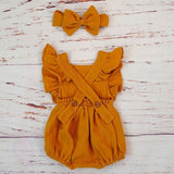 Organic Cotton Baby Girl Clothes Summer New Double Gauze Kids Ruffle Romper Jumpsuit Headband Dusty Pink Playsuit For Newborn 3M