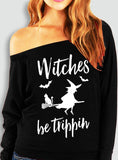 Witches Be Trippin Halloween Slouchy Sweatshirt Black - shopwishi 