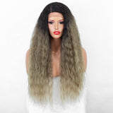 Aliblisswig Natural Looking Dark Root Ombre Blonde Long Curly Right Side Deep Part Heat OK Fiber Hair Lace Front Synthetic Wigs
