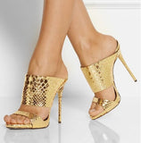 Rose Gold Patent Leather Platform Sandals Summer Slim Snake Pattern Dress Heels Ladies