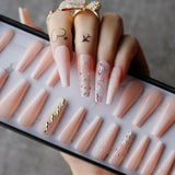 Rhinestone Crystal Design Pink Luxury Ombre Extra Coffin Press on Nails Gel