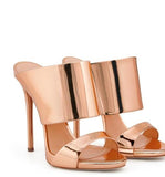 Rose Gold Patent Leather Platform Sandals Summer Slim Snake Pattern Dress Heels Ladies