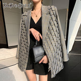 TWOTWINSTYLE Casual Plaid Blazer for Women Notched Long Sleeve Korean Ruched Loose Blazers Female Fashion New Clothing 2022