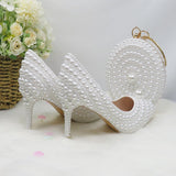 BaoYaFang White Pearl Women Wedding Shoes and Bags Bride High Heels Shoes Ladies Party Dress Shoes Woman Sweet Fashion Pumps
