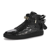 Phenkang Embossed Crocodile High Top Red Flat Leather Boots for Men