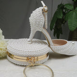 BaoYaFang White Pearl Women Wedding Shoes and Bags Bride High Heels Shoes Ladies Party Dress Shoes Woman Sweet Fashion Pumps
