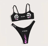 Women Small Skull Print Halloween Printed Swimwear Custom Printed Bikini Split Two Piece Swimsuit