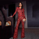 C2404 Factory Price White Red O Neck Pattern Slim Women Casual Jumpsuit