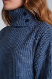 Knitted Sweater With Buttons and High Collar in Blue