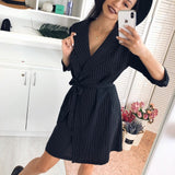 Office Ladies Casual Sashes Mini Dress V-Neck Long Sleeve Robe Striped A-Line Dress 2021 New Autumn Fashion