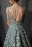Luxurious Evening Dress A-Line Lace Formal Evening Gown V-Neck Applique Crystal Beaded Tulle