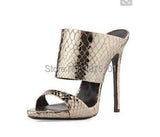 Rose Gold Patent Leather Platform Sandals Summer Slim Snake Pattern Dress Heels Ladies
