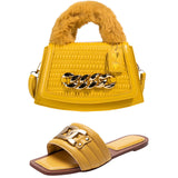Women's Slippers Slides Metal Decorative Flat Sandals and Handbags Matching Suit
