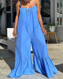 2021 New Loose Jumpsuits for Women Blue Spaghetti Strap Flare Pants Fashion High Street Wear Clothes Long Romper Jumpsuit Women