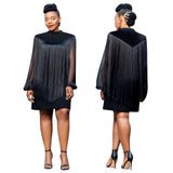 European&American High Quality Mesh Sleeve Fashionable Blouse and  Long Sleeve Dress 2 Piece Set Women Vestido De Borla