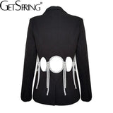Women Blazer Irregular Diamond Hollow Out Black Blazers and Jackets Asymmetry Drawstring Vintage Suit Coats