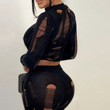 OUDINA Fashion Knitted Sexy Hollow 2 Pieces Set Women Pants Two Piece Outfits