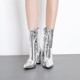New Classic Snake Pattern Lacquer Bright Leather Thick Heel High Heel Pointed Zipper Boots