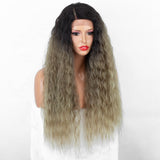 Aliblisswig Natural Looking Dark Root Ombre Blonde Long Curly Right Side Deep Part Heat OK Fiber Hair Lace Front Synthetic Wigs