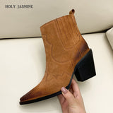 Pointed Toe Mid Heel Leather Boots for Women