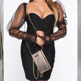 Club Dress Mesh Flare Sleeve Backless Mini Dress Strapless Black Long Sleeve Low Cut Solid Color See Through Women Dress