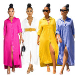 High Quality Loose Casual Solid Color Women'S Lapel Long Shirt Dress