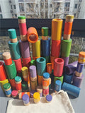 Kids Rainbow Wooden Loose Parts Include Beakers Solid Tubes Peg Dolls Stacker Blocks Montessori Toy