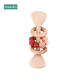 Bopoobo 1PC Baby Toys Beech Wooden Rattle Hand Teething Wooden Ring Can Chew Beads Play Gym BPA