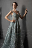 Luxurious Evening Dress A-Line Lace Formal Evening Gown V-Neck Applique Crystal Beaded Tulle