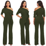 Fashion Wide Leg Slanted One Shoulder Belted Jumpsuits  Yoga