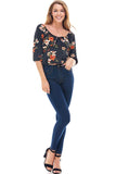 Floral Print Rouched Chest Tie Front Peplum Long Sleeve Peasant Top