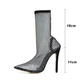Kcenid Sexy Mesh Boots Ladies Pointed Toe Rhinestone Socks Shoes