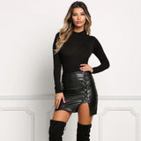 Summer Sexy Girls Above Knee Black PU Leather Mini Skirts Spring