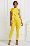 2021 Summer White Elegant One Shoulder Irregular Office Wear for Women Fashion Special Ruffled Collar One Piece Women Jumpsuit
