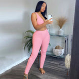 OEM Fitness Sporty Women Tracksuit Sleeveless V-Neck Tank Stretchy Leggings Ribbed Bra Two Piece Set Solid Streetwear Outfit