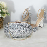 BaoYaFang Silver Crystal Women Wedding Shoes Bride Thick High Heel Pumps Fashion Shoes Woman Shallow Ankle Strap Buckle Shoes