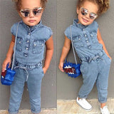 Summer Toddler Baby Kids Girls Denim Clothes V-Neck Sleeveless Button Pocket Romper Newborn Long Jumpsuit Overalls One Pieces