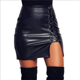Summer Sexy Girls Above Knee Black PU Leather Mini Skirts Spring