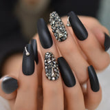 Dark Silver Strass Fake Nails Studs Extra Long Horse Shoe Metal Coffin Faux Ongles With Decorative Stones Frosted Maniture Tips