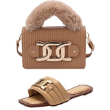 Women's Slippers Slides Metal Decorative Flat Sandals and Handbags Matching Suit