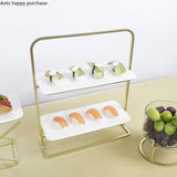 European Style Rectangular White Ceramics Cake Pan with Golden Metal Display